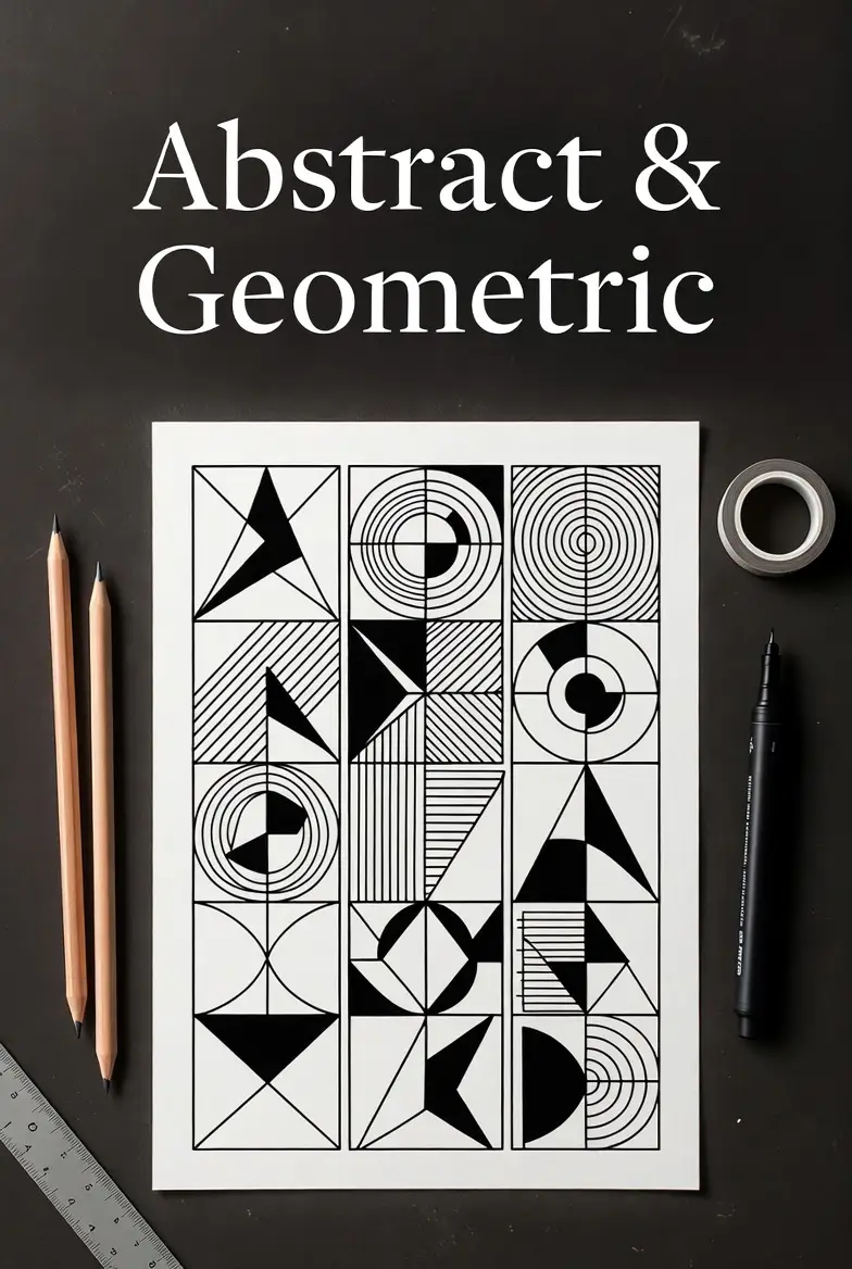 Abstract and geometric coloring page featuring bold geometric shapes, circles, lines, and patterns in black and white.