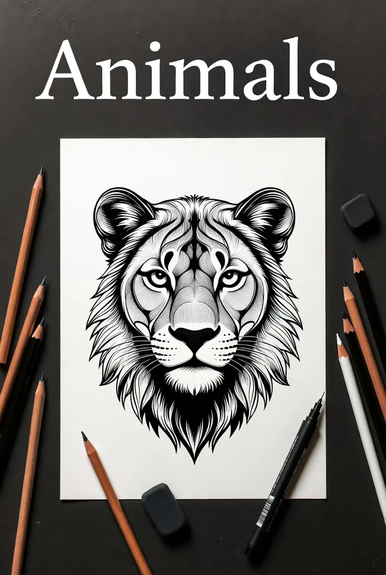 Animals coloring page featuring a detailed lion head illustration in black and white line art on a sketchbook page.