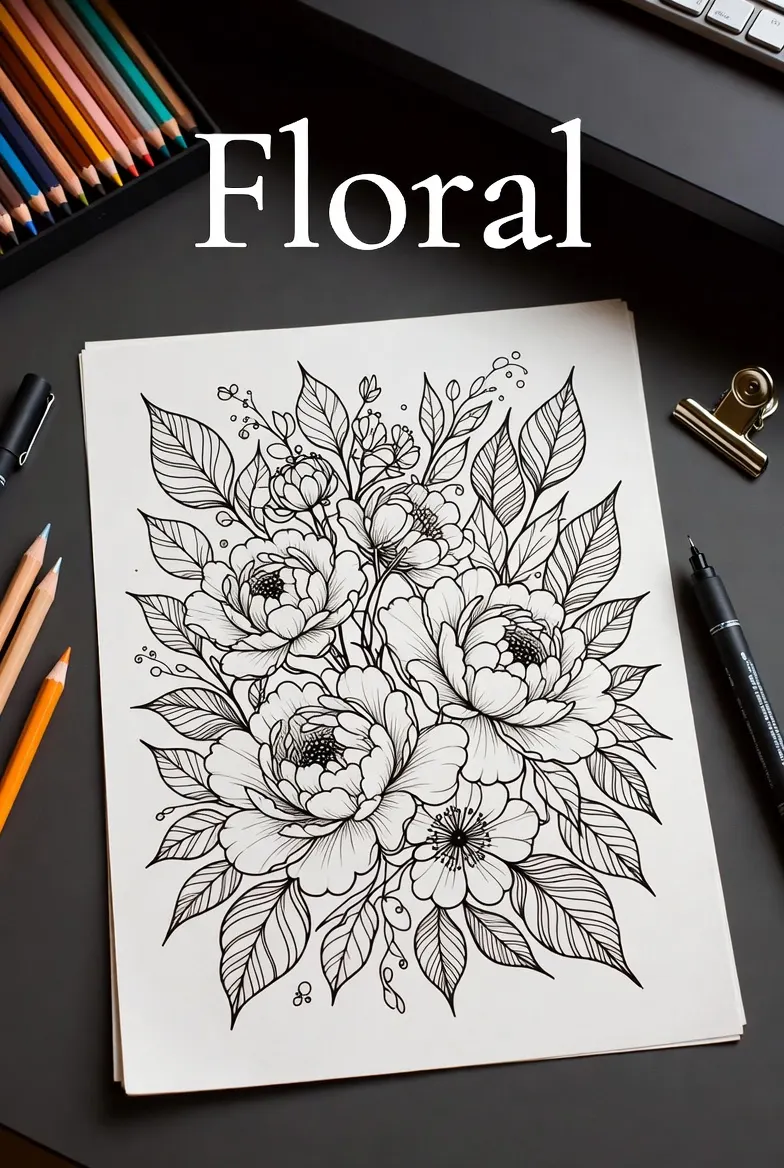 Floral coloring page with a detailed bouquet of flowers and leaves in black and white line art on paper.