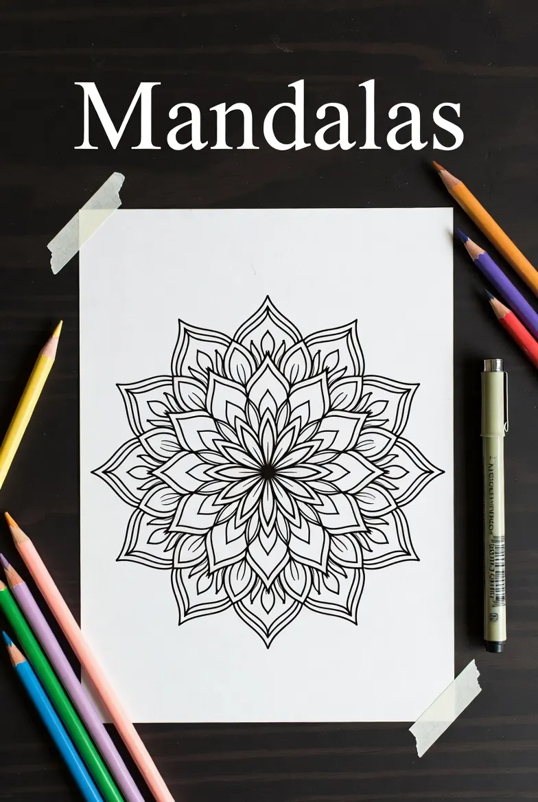 Mandalas coloring page with a detailed floral mandala outline on white paper, surrounded by colored pencils on a desk.