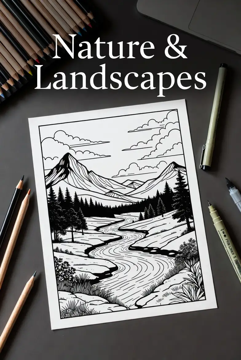 Nature and landscapes coloring page showing a mountain scene with a winding river, pine trees, and clouds in black and white line art.