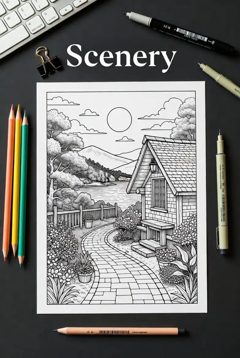 Scenery coloring page with a cozy cottage, path, trees, lake, and mountains in detailed black and white line art.
